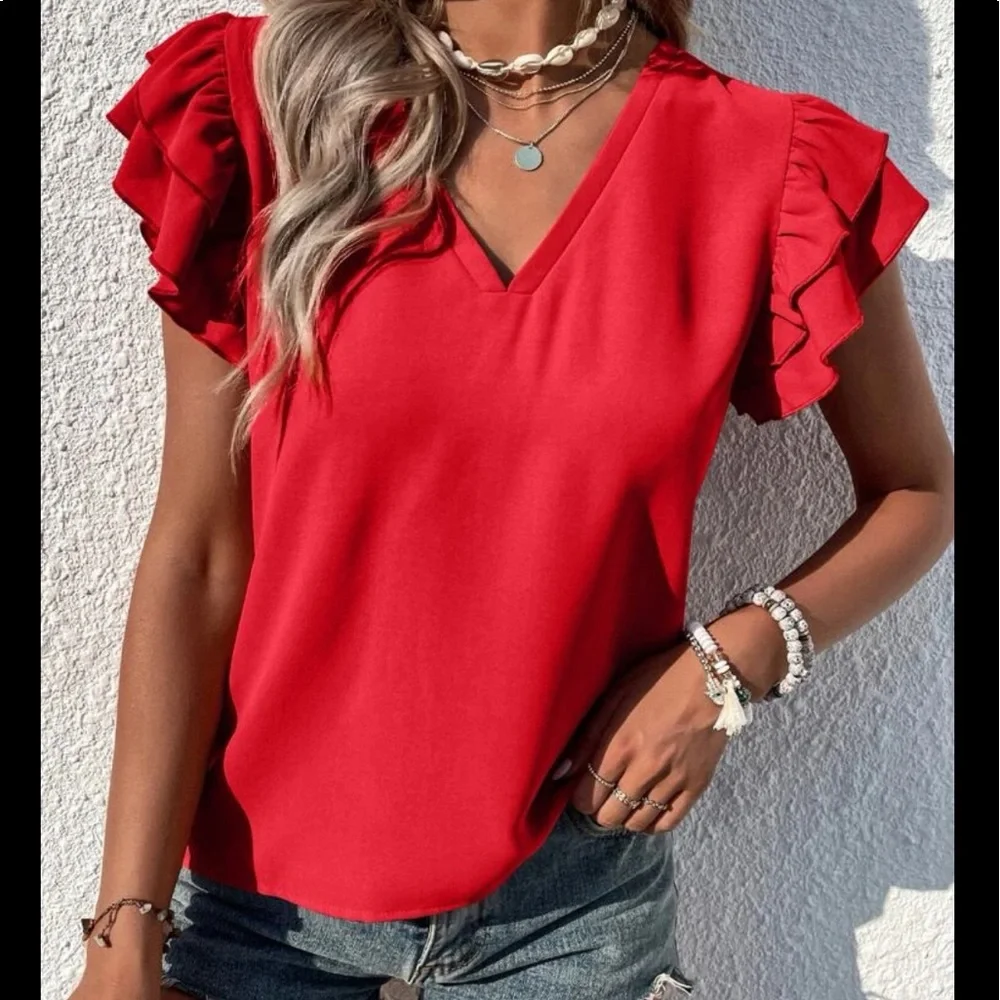 Elegant Classy Red Tiered Ruffle Butterfly Sleeve Top Blouse - Picture 1 of 11